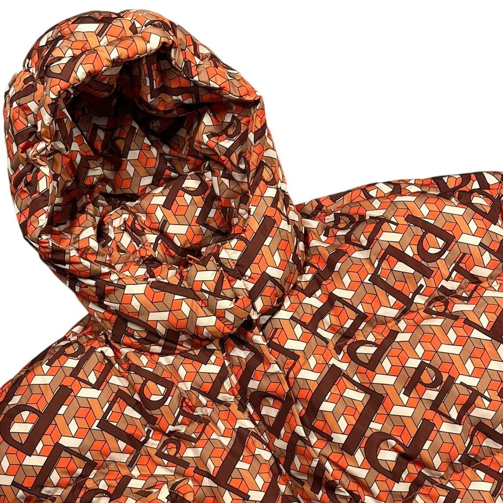 PrettyLittleThing Puffer Jacket Womens Medium Orange Geometric Logo Print Hooded